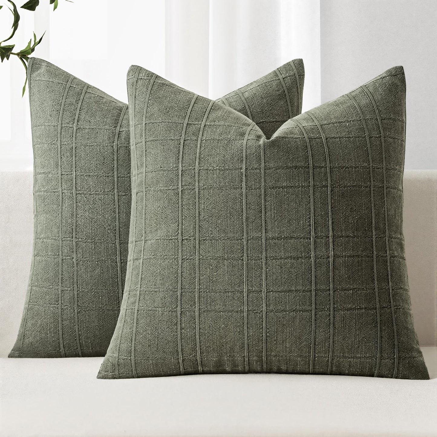 MIULEE Linen Plaid Pillow Covers Decorative 18x18 Dark Olive Green