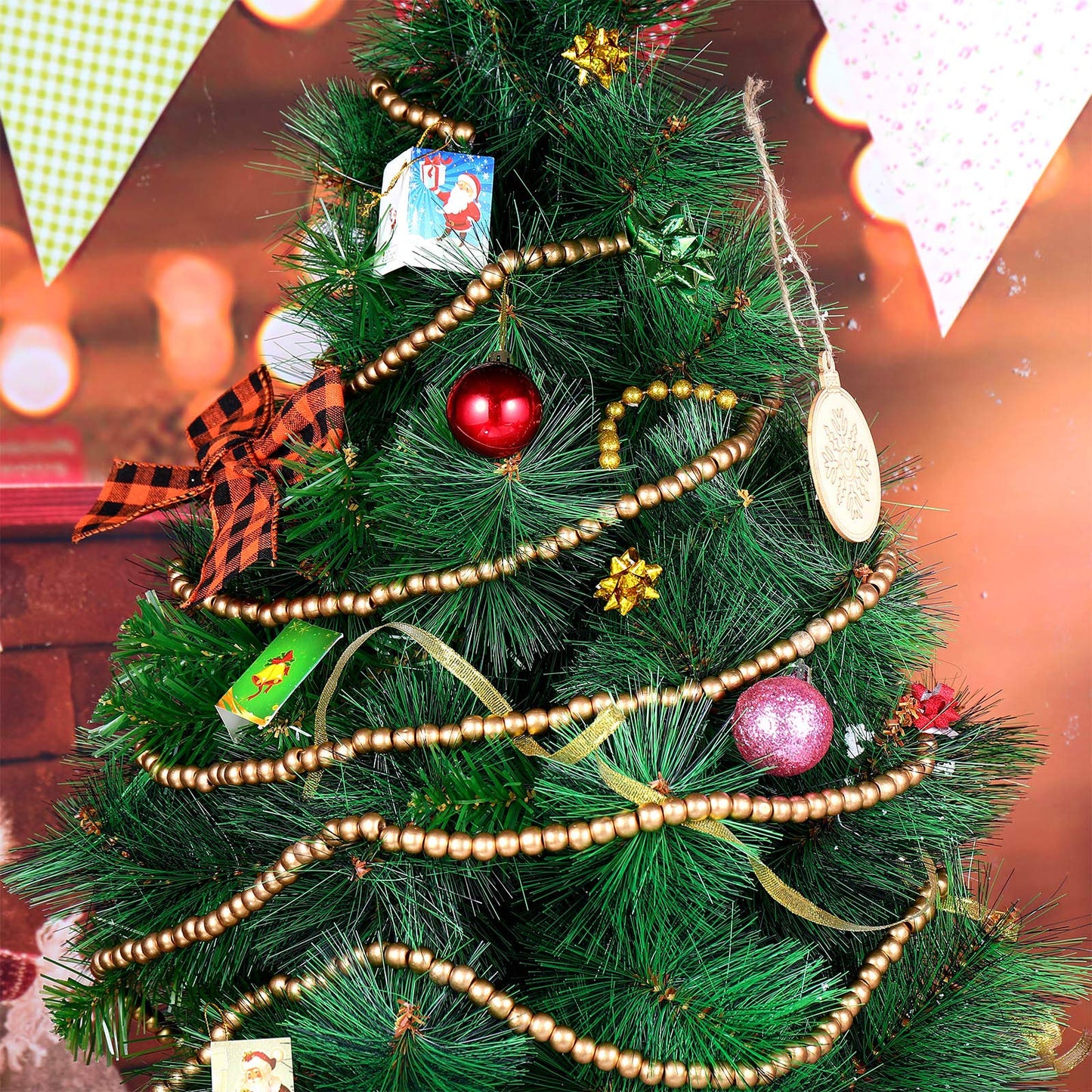 WILLBOND 16 Feet Wood Bead Garland Christmas Tree, Wood Color