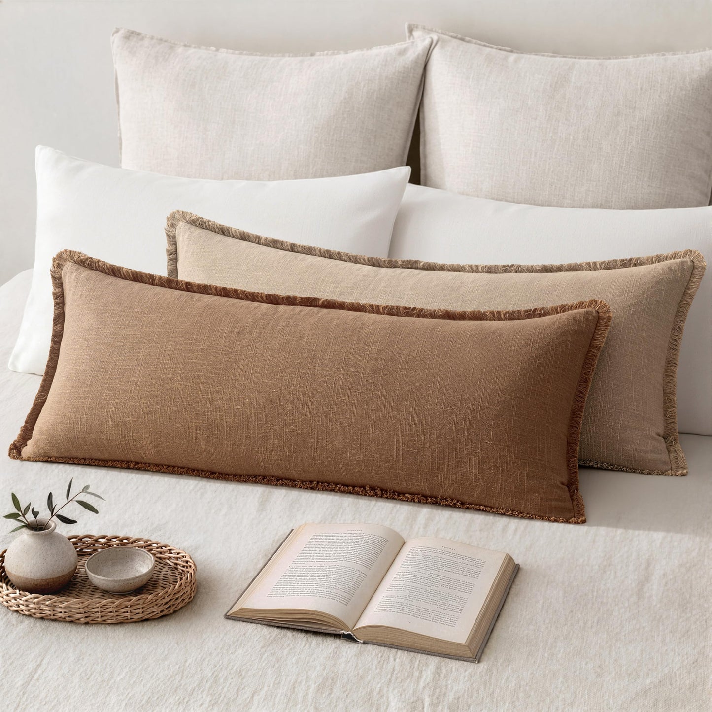 MIULEE 14x36 Long Linen Lumbar Pillow Covers Set of 1 Light Olive Green