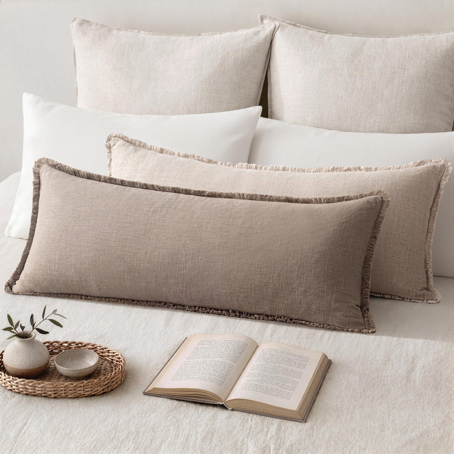 MIULEE 14x36 Long Linen Lumbar Pillow Covers Set of 1 Light Olive Green