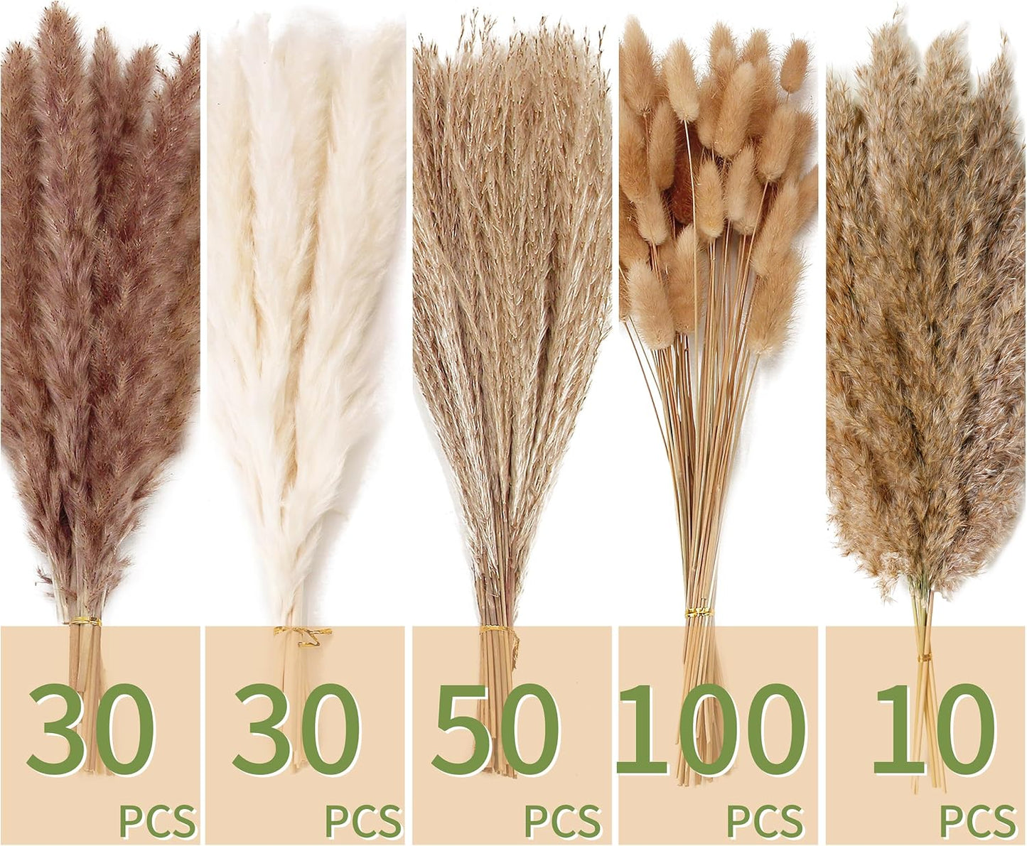 Dried Pampas Grass Decor, 100 Stems Pampas Grass Contains Bunny Tails Dried Flowers, Reed Grass Bouquet for Wedding Boho Flowers Home Table Decor, Rustic Farmhouse Party (17", White and Brown)