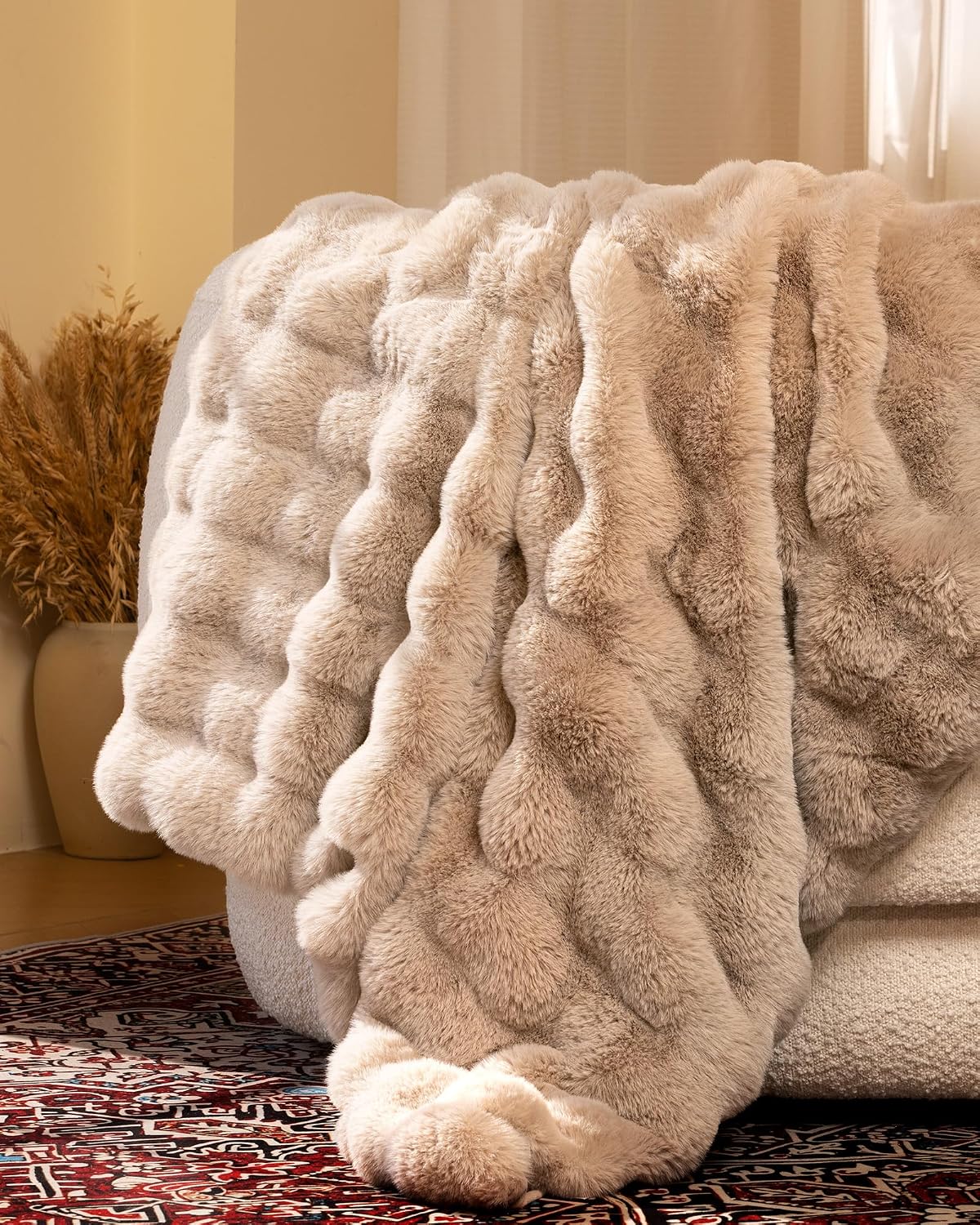 Ultra Soft Cozy Faux Fur Throw Blanket, Fuzzy Plush Thick Bubble Blanket, Oversize Luxury Fluffy Blanket for Couch, Sofa, Bedroom, and Living Room, 50x60 Inches, Light Brown
