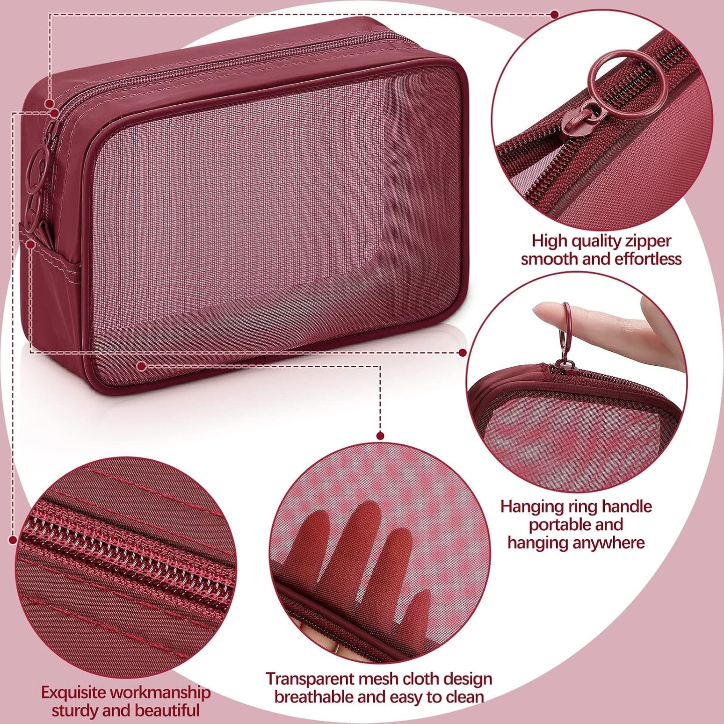 Weewooday 4Pcs Mesh Makeup Bag, Wine Red, Small, Large, Medium, Classic