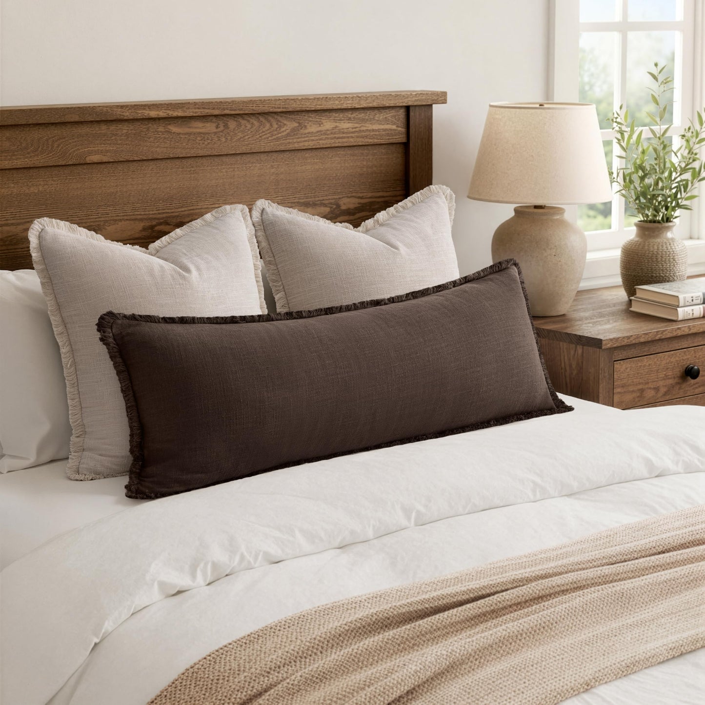 MIULEE 14x36 Long Linen Lumbar Pillow Covers Set of 1 Light Olive Green