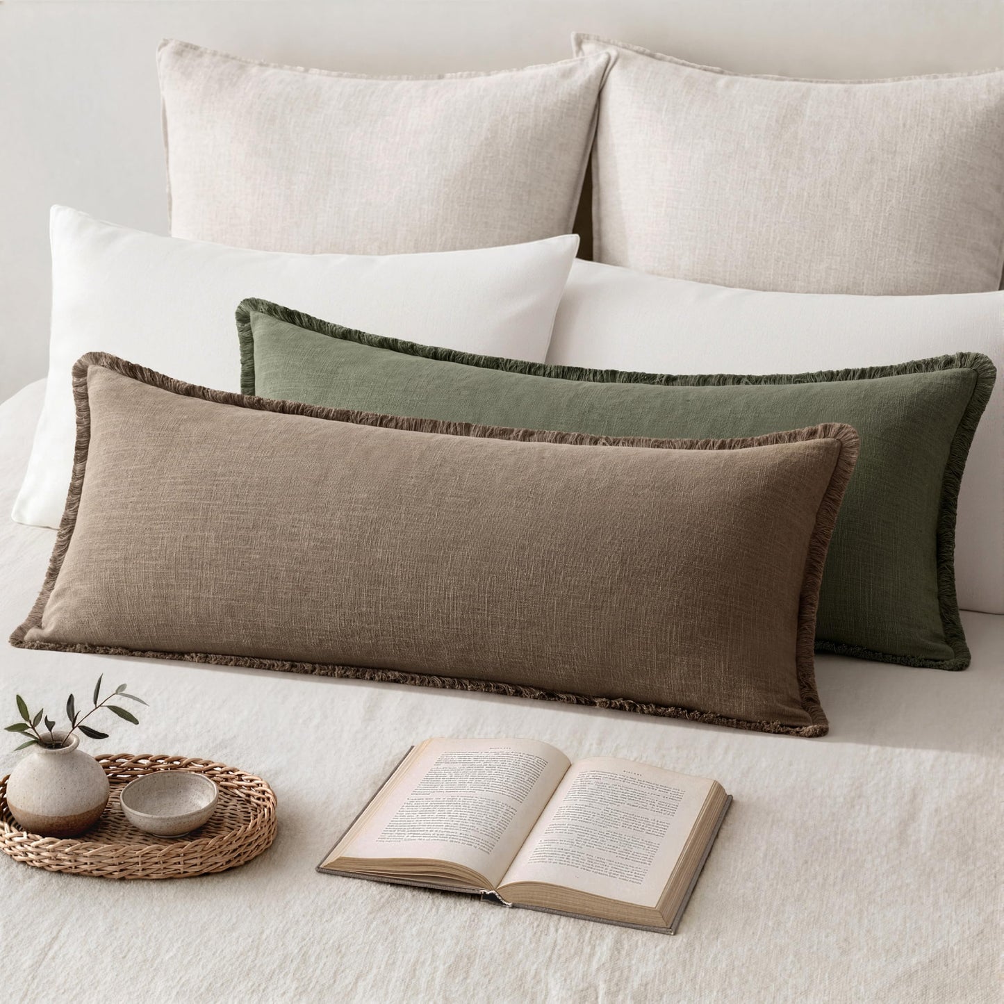 MIULEE 14x36 Long Linen Lumbar Pillow Covers Set of 1 Light Olive Green
