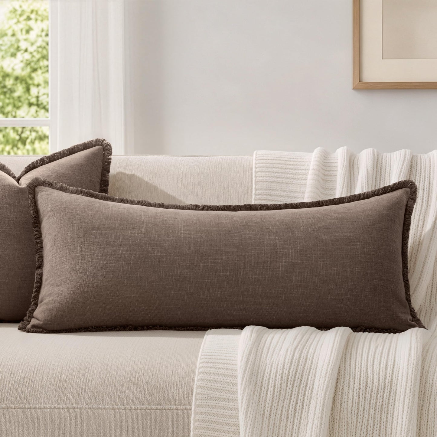 MIULEE 14x36 Long Linen Lumbar Pillow Covers Set of 1 Light Olive Green