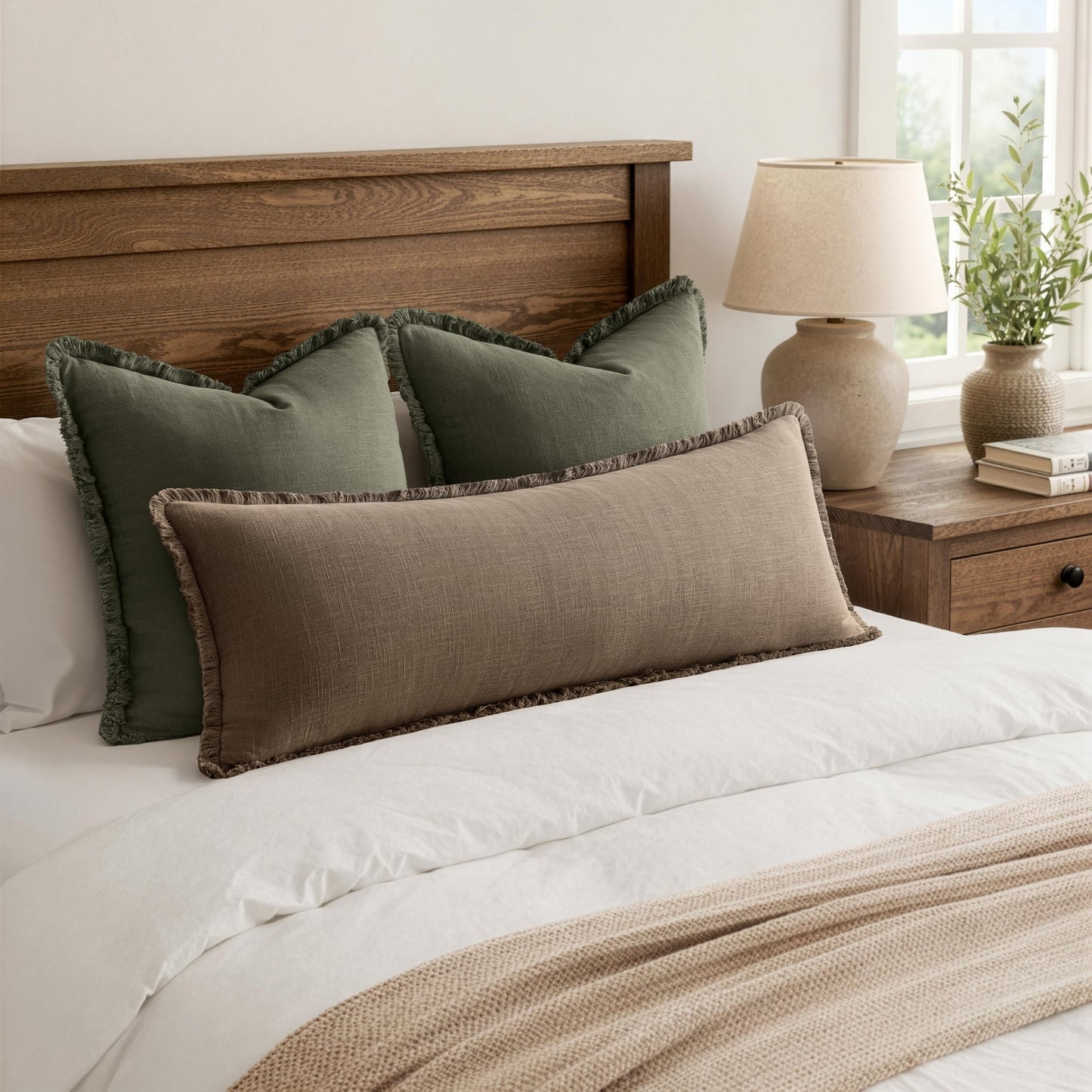 MIULEE 14x36 Long Linen Lumbar Pillow Covers Set of 1 Light Olive Green