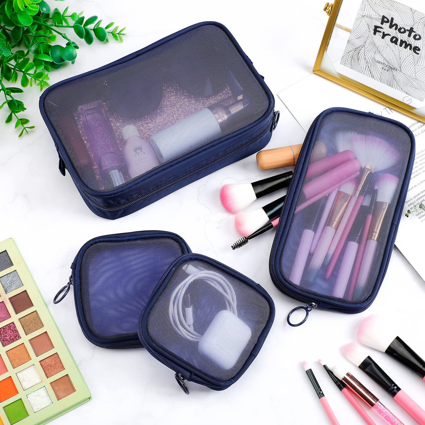 Weewooday 4Pcs Mesh Makeup Bag, Wine Red, Small, Large, Medium, Classic