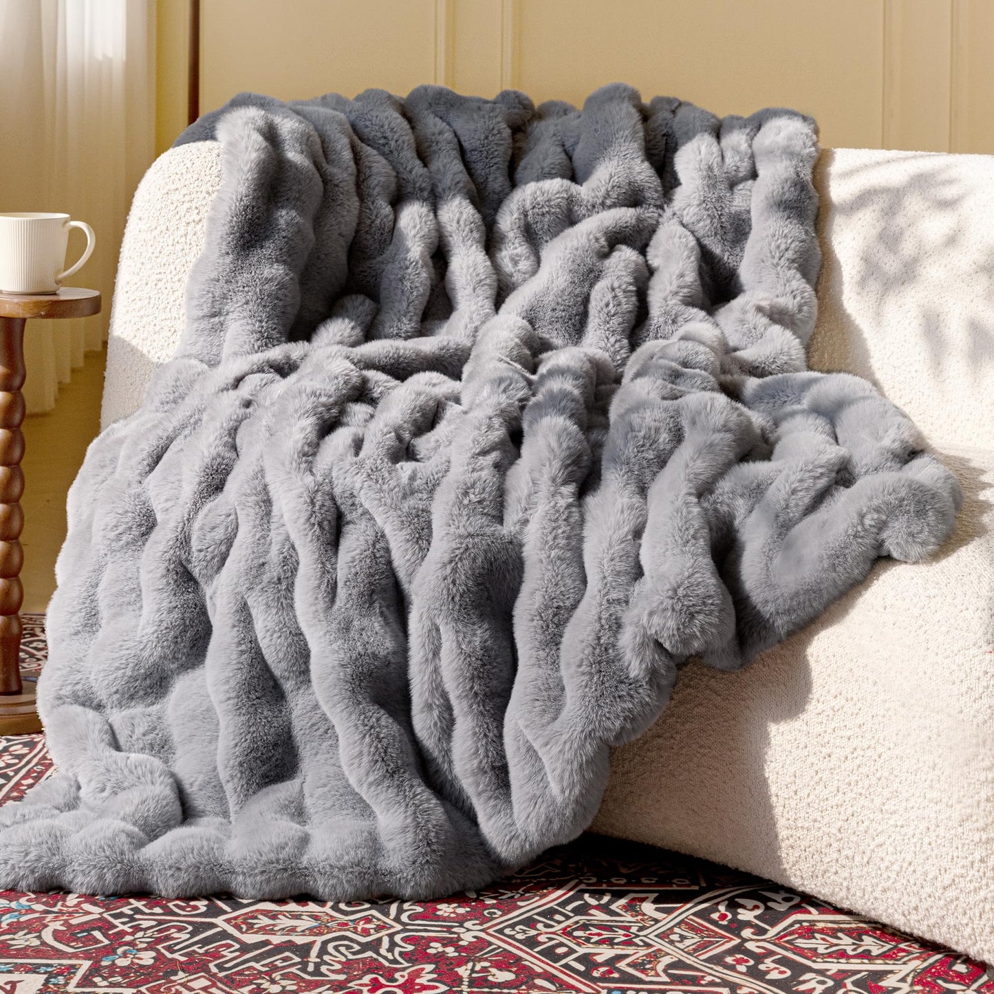 Ultra Soft Cozy Faux Fur Throw Blanket, Fuzzy Plush Thick Bubble Blanket, Oversize Luxury Fluffy Blanket for Couch, Sofa, Bedroom, and Living Room, 50x60 Inches, Light Brown
