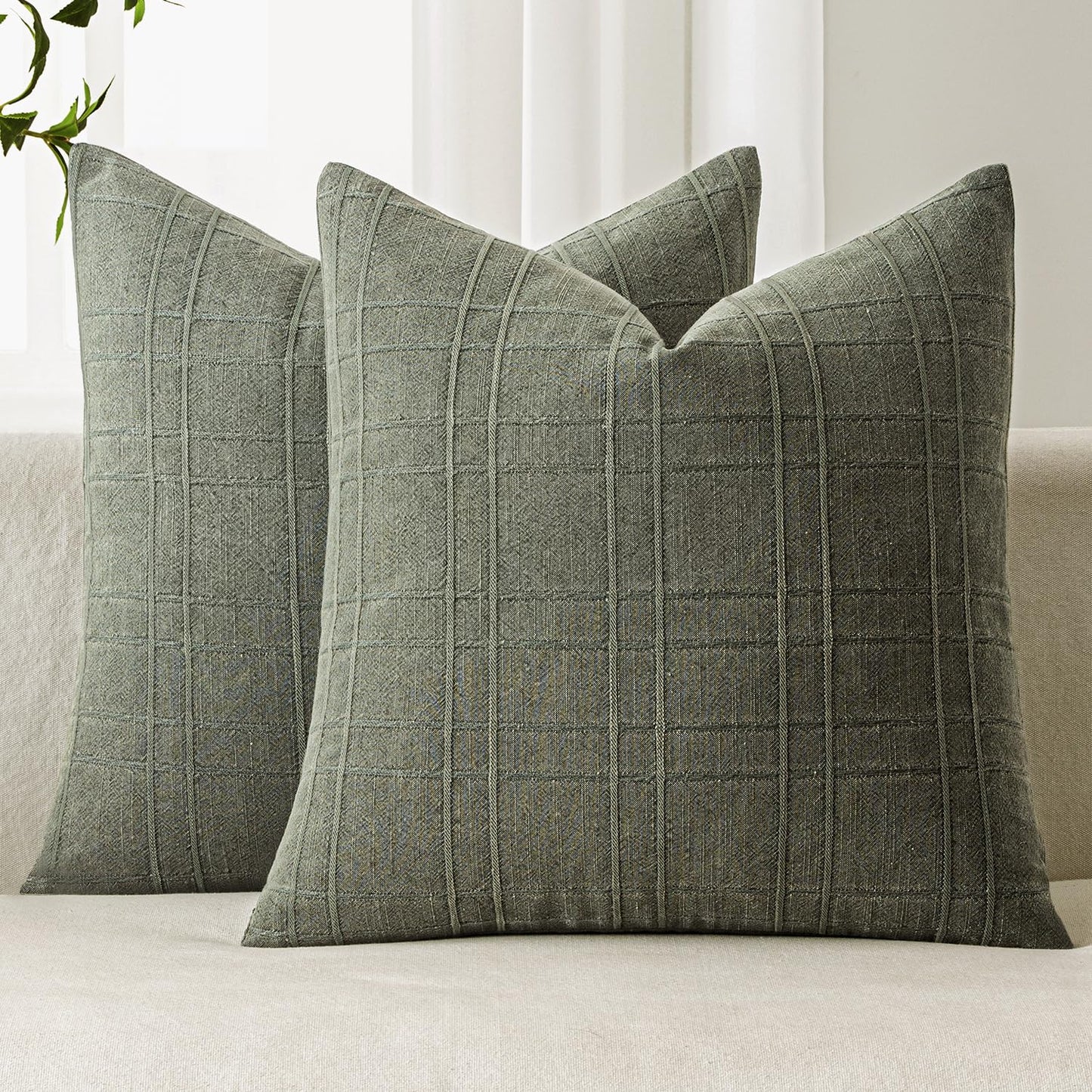 MIULEE Linen Plaid Pillow Covers Decorative 18x18 Dark Olive Green