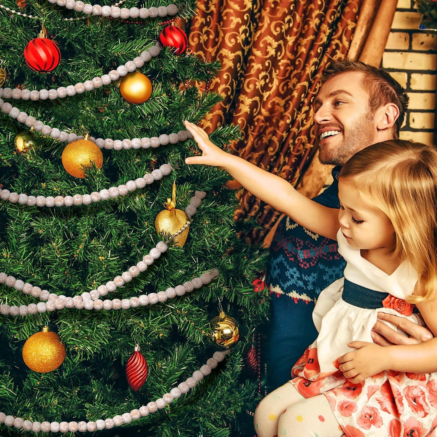 WILLBOND 16 Feet Wood Bead Garland Christmas Tree, Wood Color