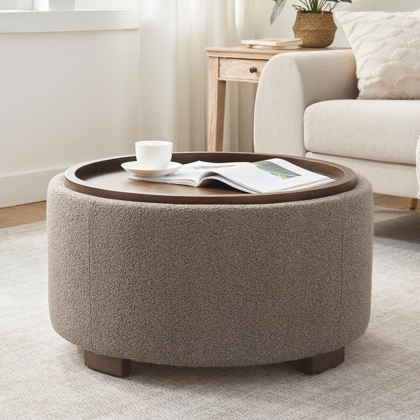 Zihanhome 30 Inch Round Storage Ottoman, Ottoman Coffee Table with Lift Off Lid, Boucle Modern Ottomans with Storage for Living Room, Bedroom, Apartments (Green)
