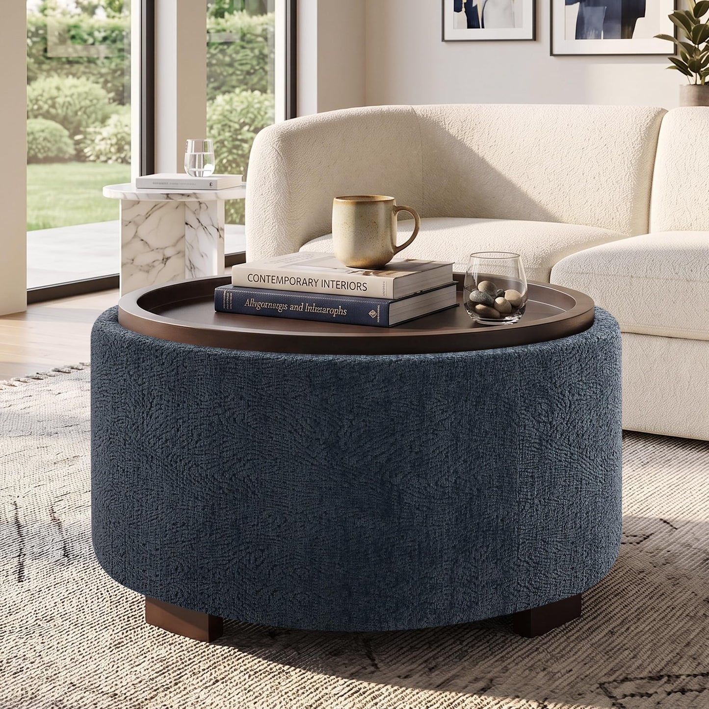 Zihanhome 30 Inch Round Storage Ottoman, Ottoman Coffee Table with Lift Off Lid, Boucle Modern Ottomans with Storage for Living Room, Bedroom, Apartments (Green)