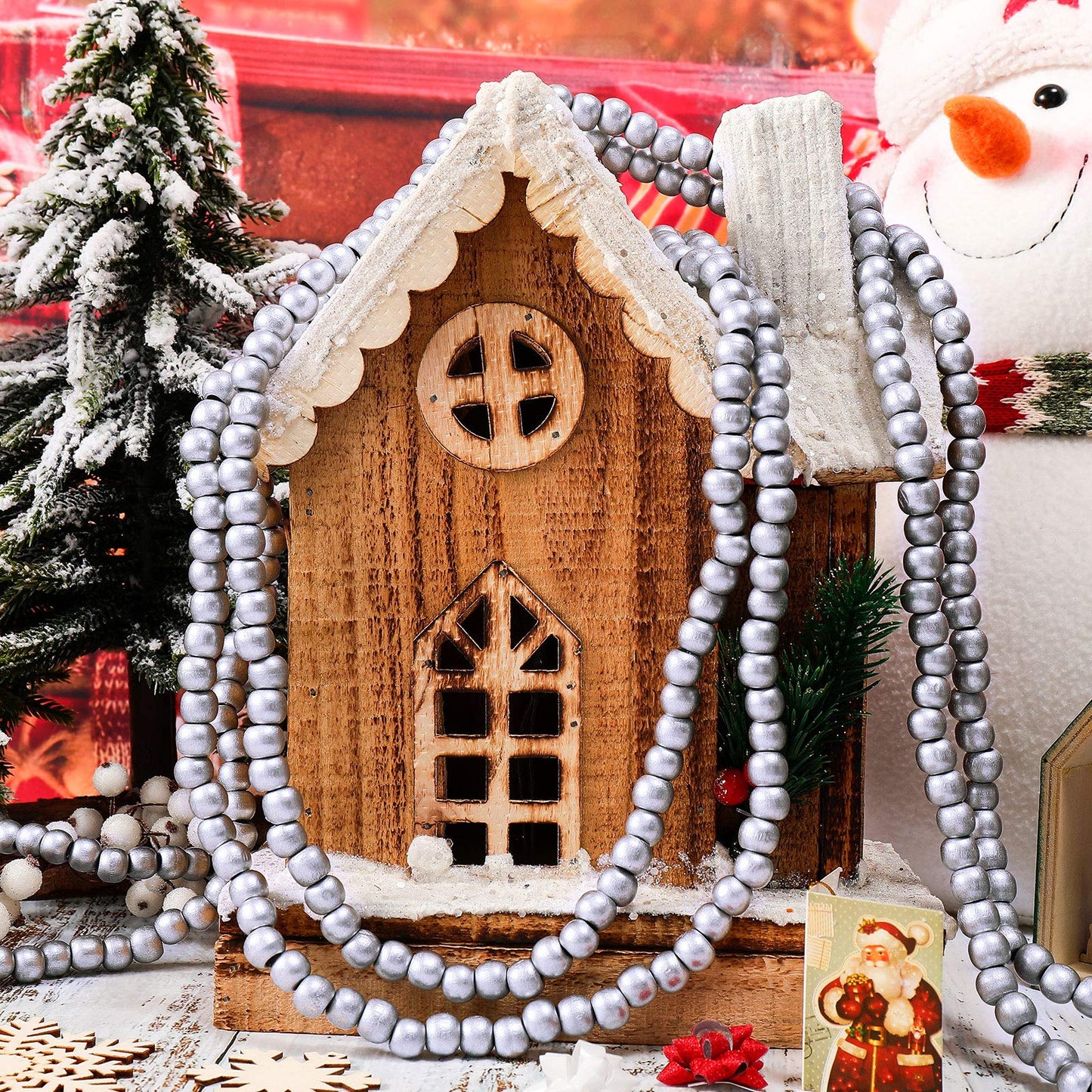 WILLBOND 16 Feet Wood Bead Garland Christmas Tree, Wood Color