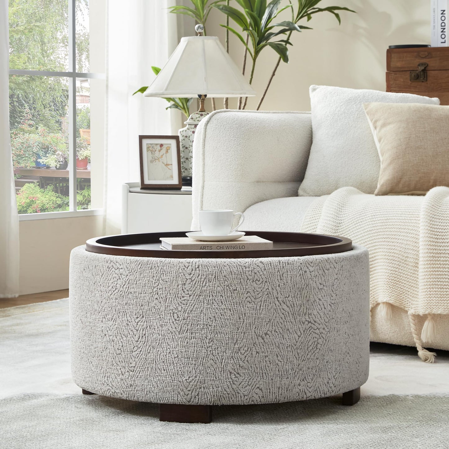 Zihanhome 30 Inch Round Storage Ottoman, Ottoman Coffee Table with Lift Off Lid, Boucle Modern Ottomans with Storage for Living Room, Bedroom, Apartments (Green)