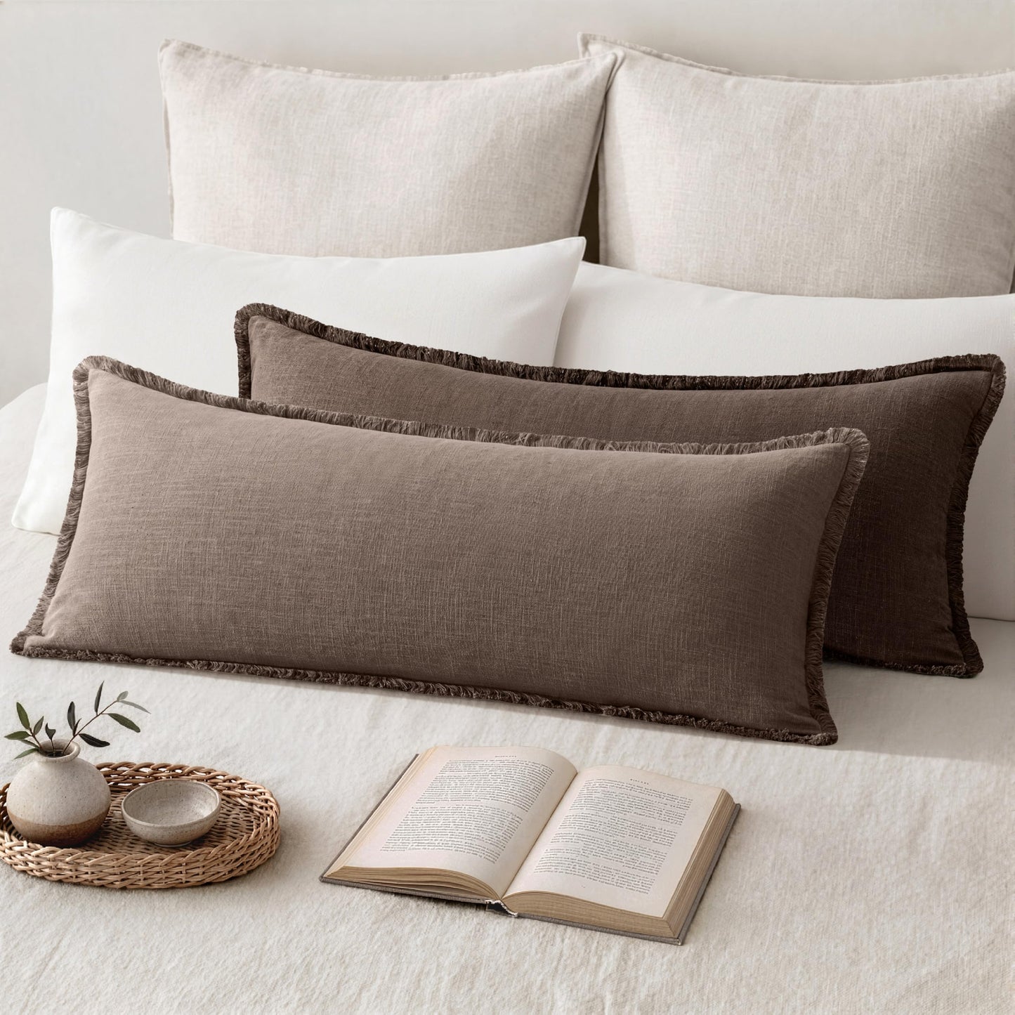 MIULEE 14x36 Long Linen Lumbar Pillow Covers Set of 1 Light Olive Green