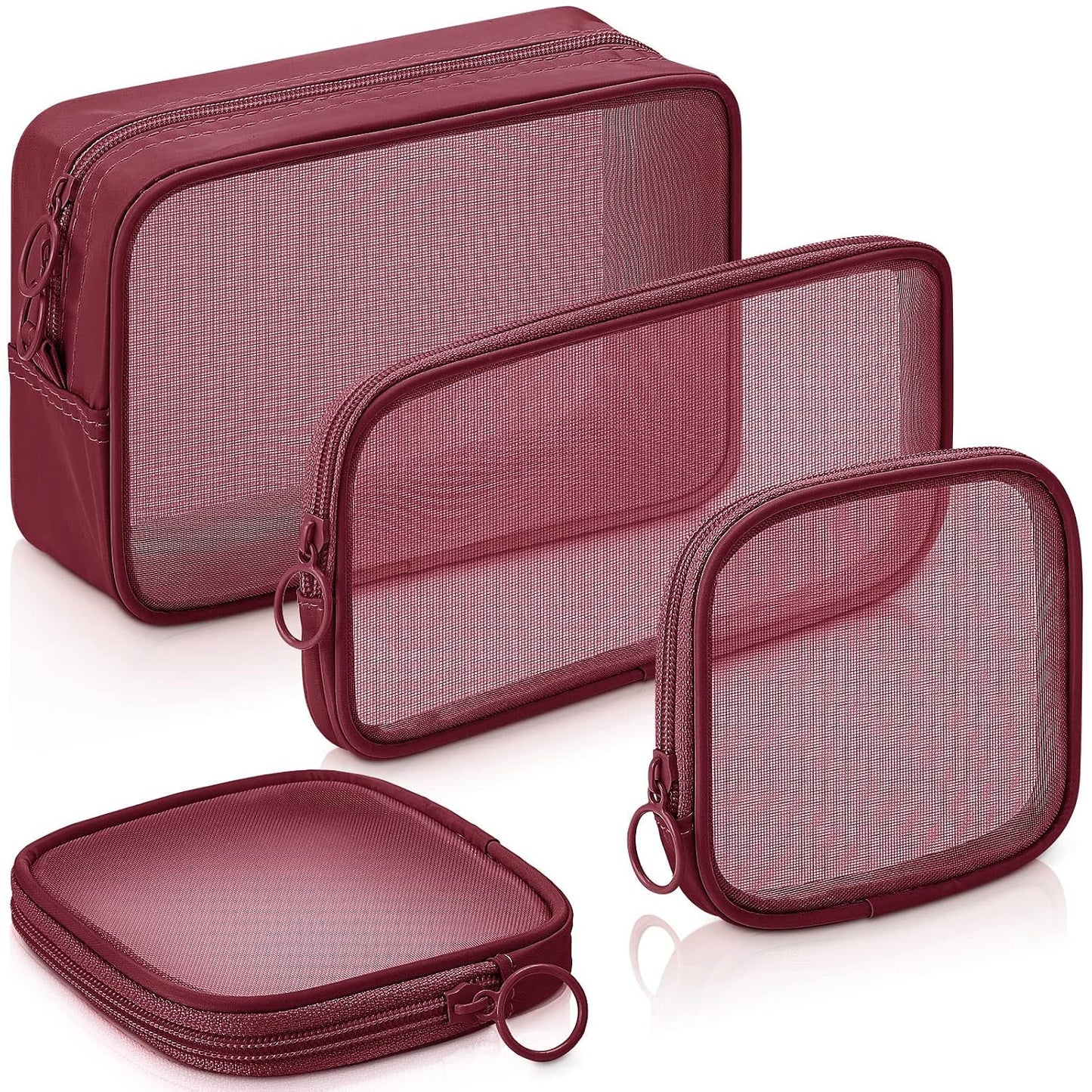 Weewooday 4Pcs Mesh Makeup Bag, Wine Red, Small, Large, Medium, Classic