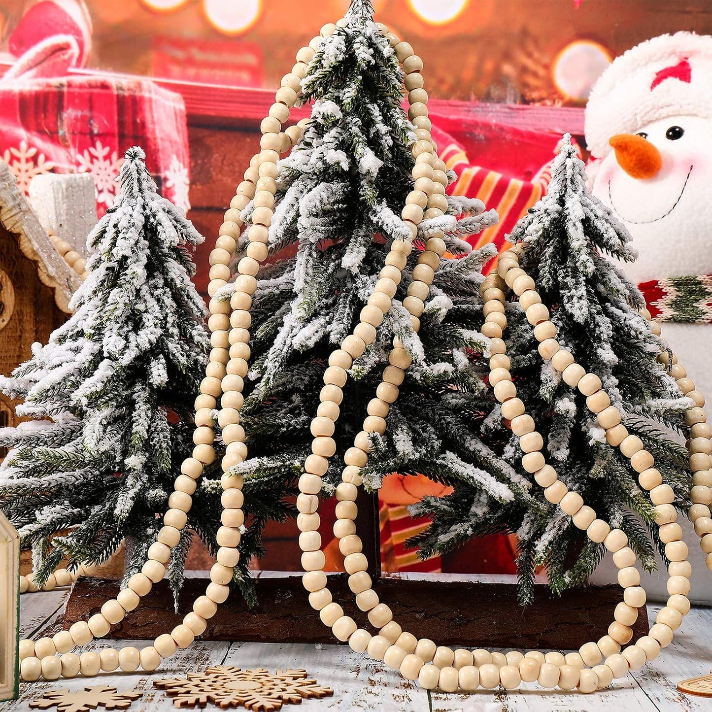 WILLBOND 16 Feet Wood Bead Garland Christmas Tree, Wood Color