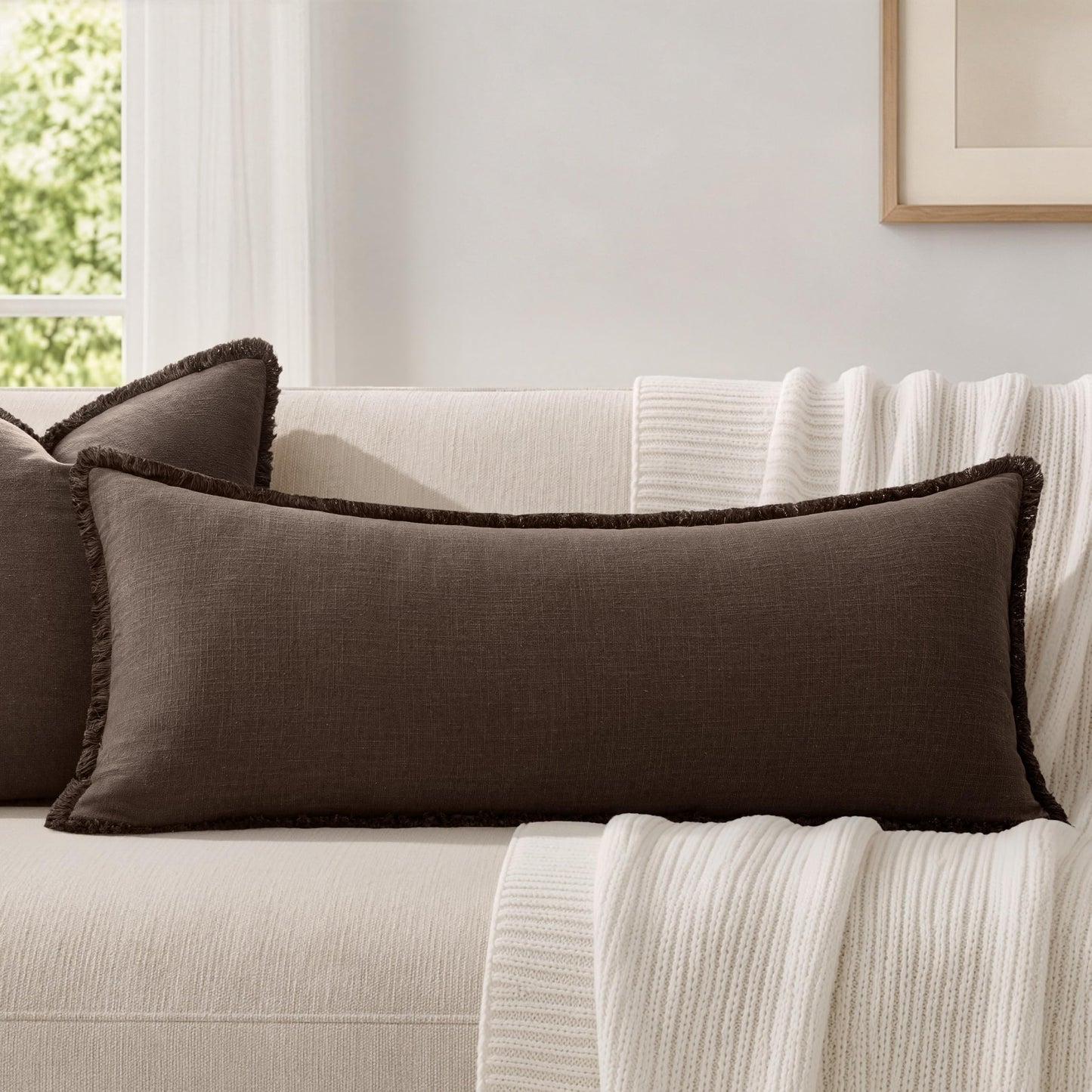 MIULEE 14x36 Long Linen Lumbar Pillow Covers Set of 1 Light Olive Green