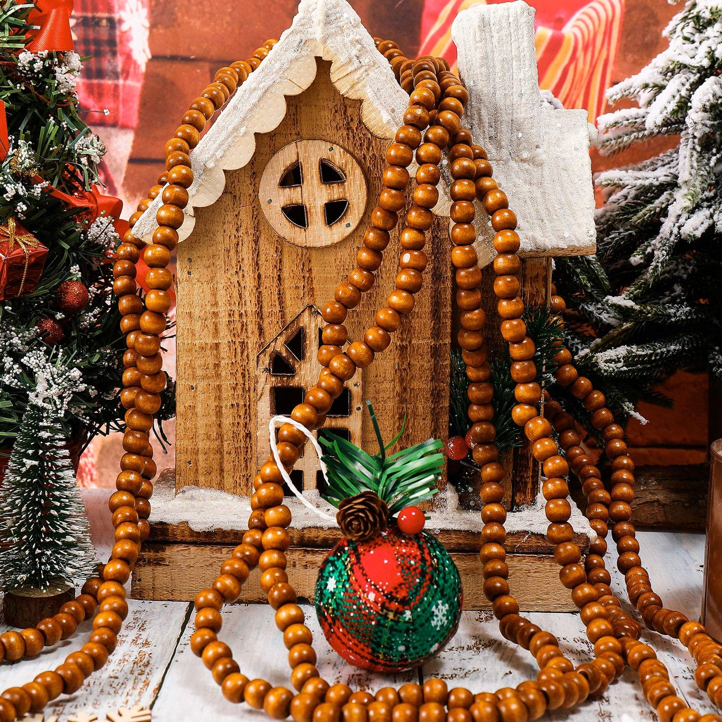 WILLBOND 16 Feet Wood Bead Garland Christmas Tree, Wood Color