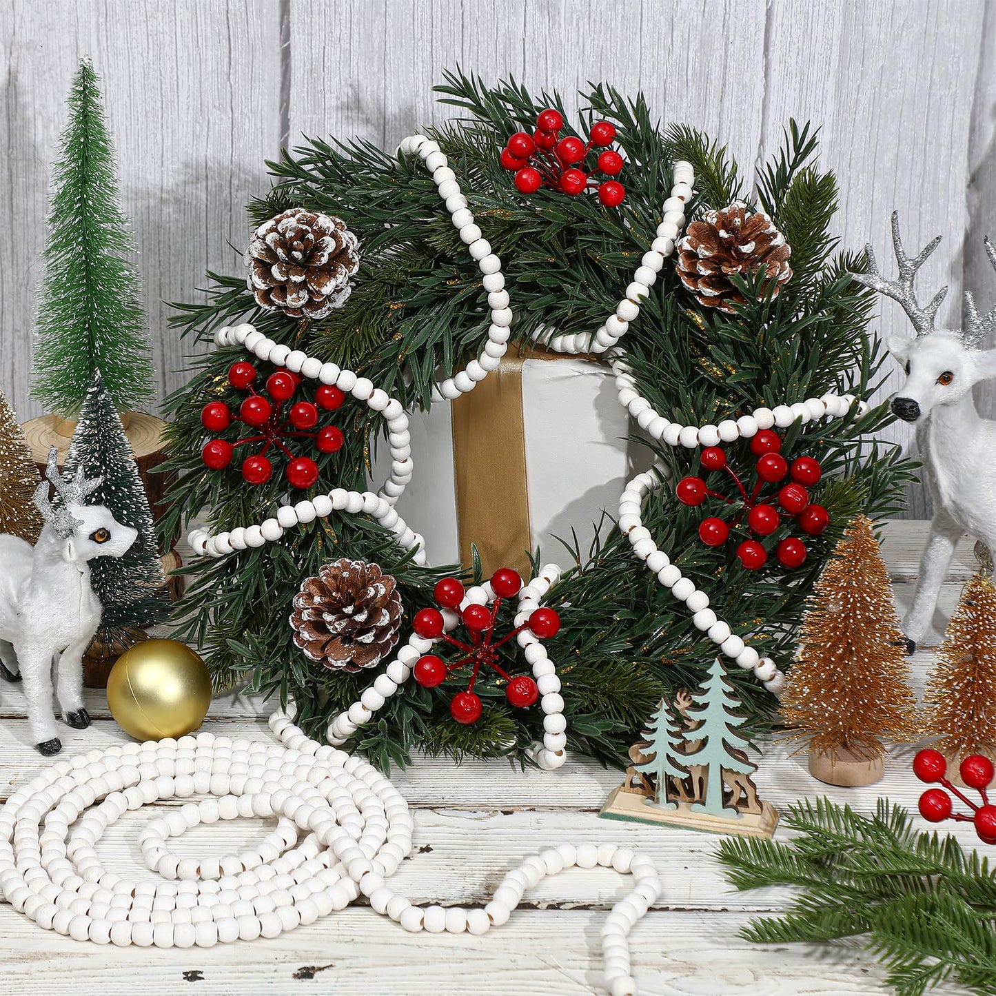 WILLBOND 16 Feet Wood Bead Garland Christmas Tree, Wood Color