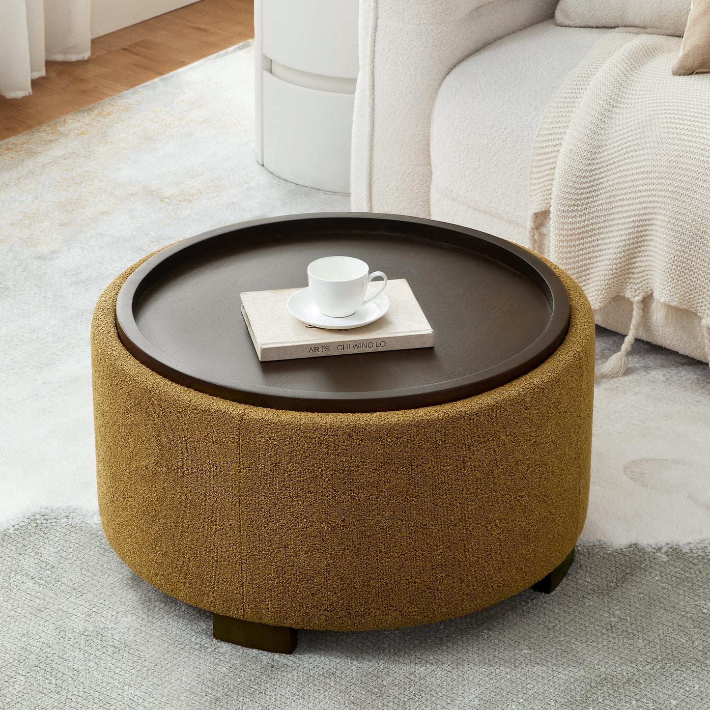 Zihanhome 30 Inch Round Storage Ottoman, Ottoman Coffee Table with Lift Off Lid, Boucle Modern Ottomans with Storage for Living Room, Bedroom, Apartments (Green)
