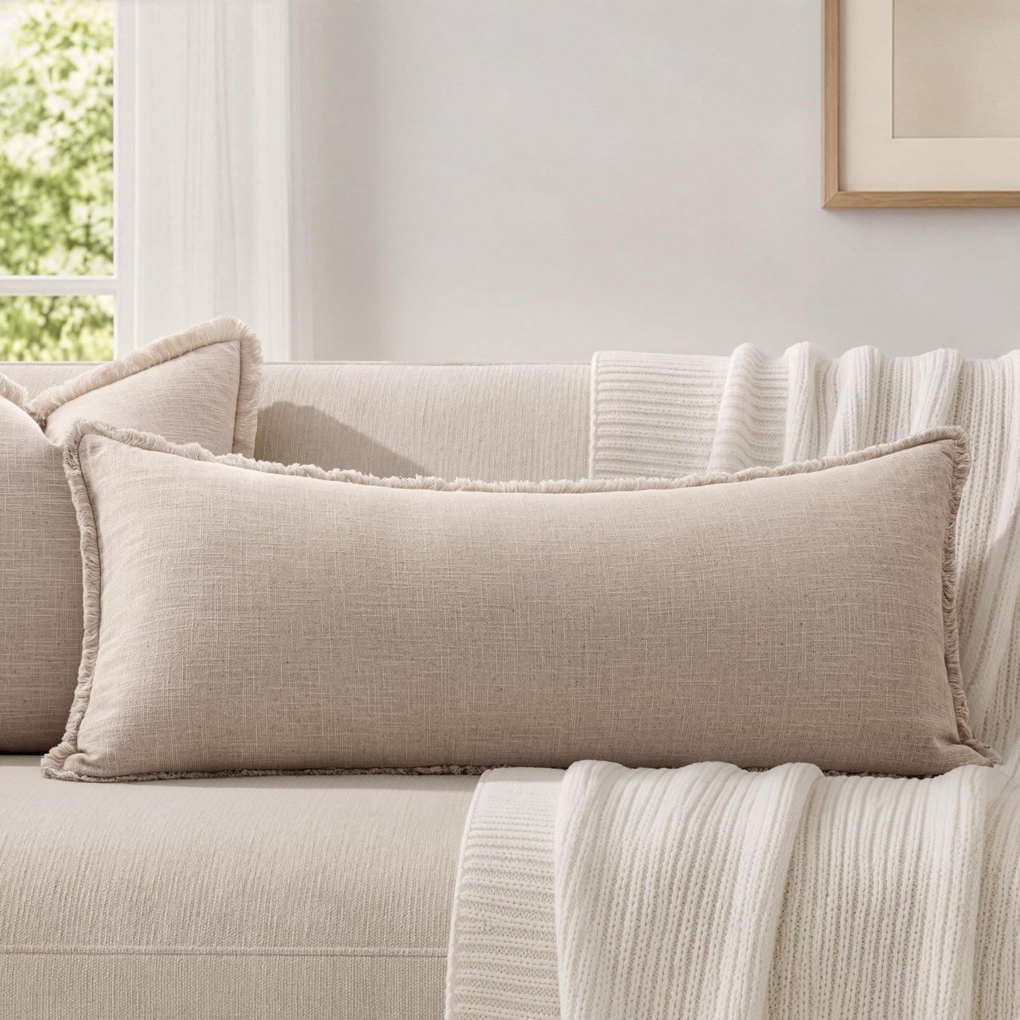 MIULEE 14x36 Long Linen Lumbar Pillow Covers Set of 1 Light Olive Green