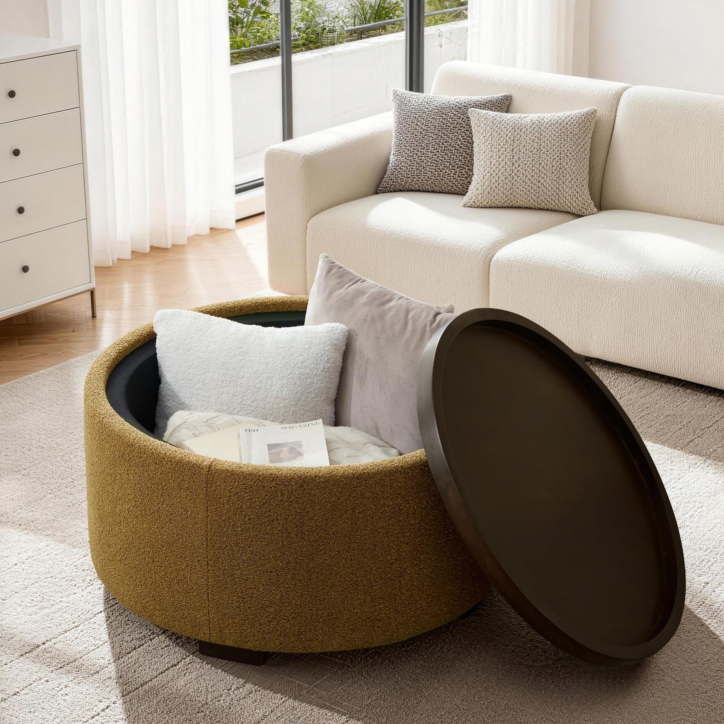 Zihanhome 30 Inch Round Storage Ottoman, Ottoman Coffee Table with Lift Off Lid, Boucle Modern Ottomans with Storage for Living Room, Bedroom, Apartments (Green)