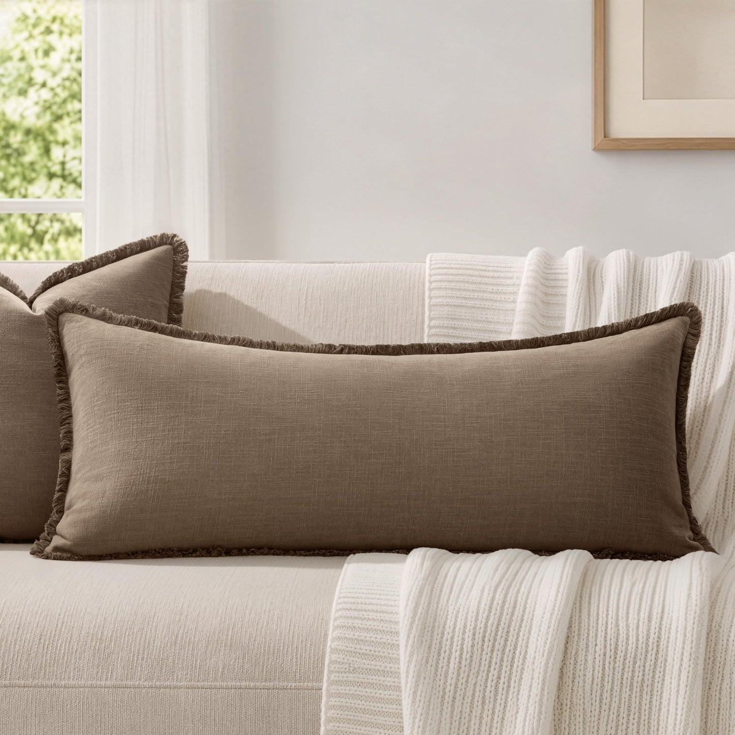 MIULEE 14x36 Long Linen Lumbar Pillow Covers Set of 1 Light Olive Green