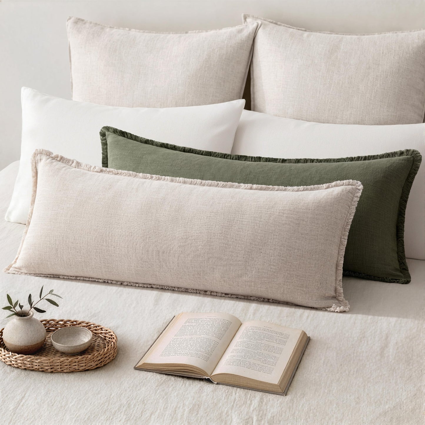 MIULEE 14x36 Long Linen Lumbar Pillow Covers Set of 1 Light Olive Green