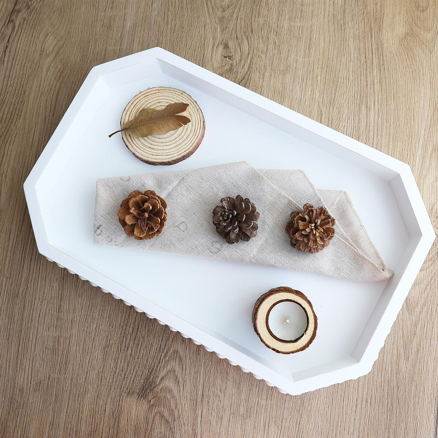 Hrastany Wood Rustic Serving Tray with Beads, Farmhouse Brown Decorative Tray for Table Centerpiece, Christmas Wedding Halloween Home Decor