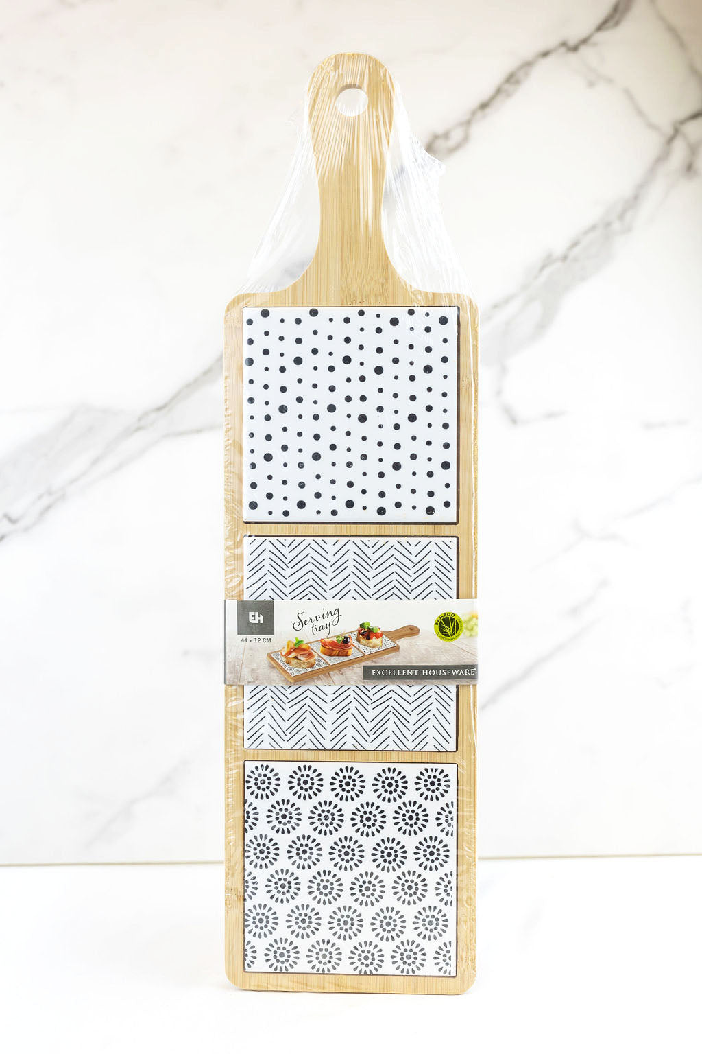 Serving Tray with 3 Black/White Patterned Tiles