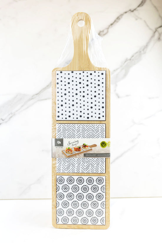 Serving Tray with 3 Black/White Patterned Tiles