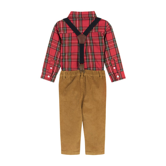 Flannel Buttowndown W/Suspenders Set - Red Plaid