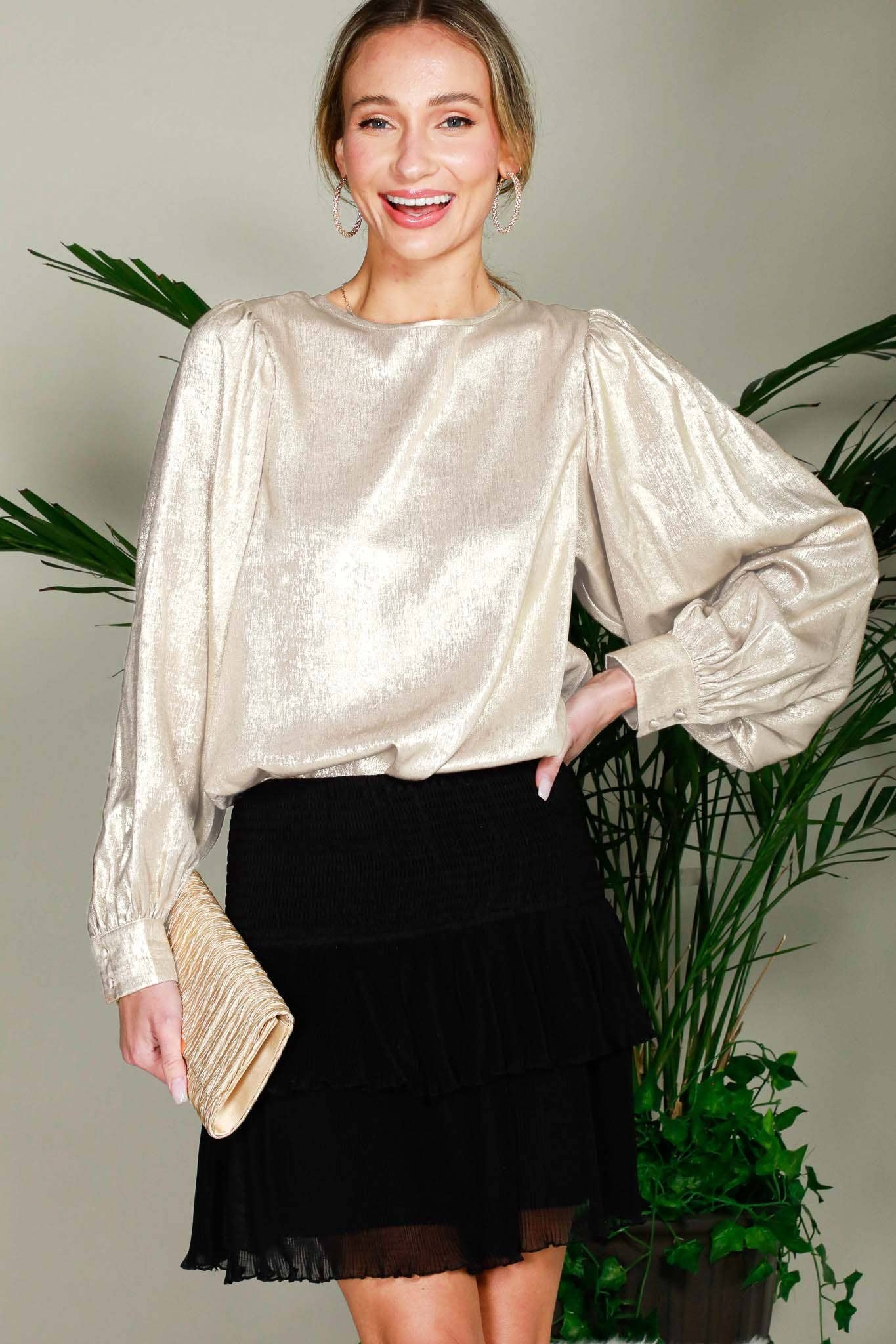 Long Balloon Sleeve Round Neck Metallic Woven BlouseVT31320D: Hunter Green / S