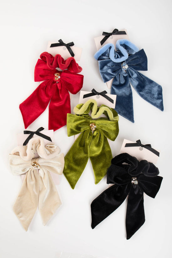 Lydia Velvet Bow Scrunchie Pair: Red