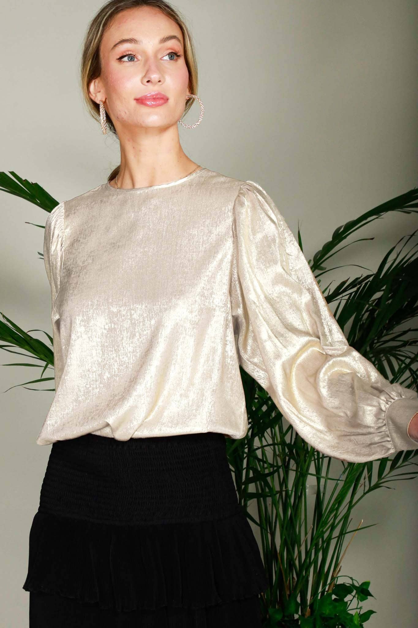 Long Balloon Sleeve Round Neck Metallic Woven BlouseVT31320D: Hunter Green / S
