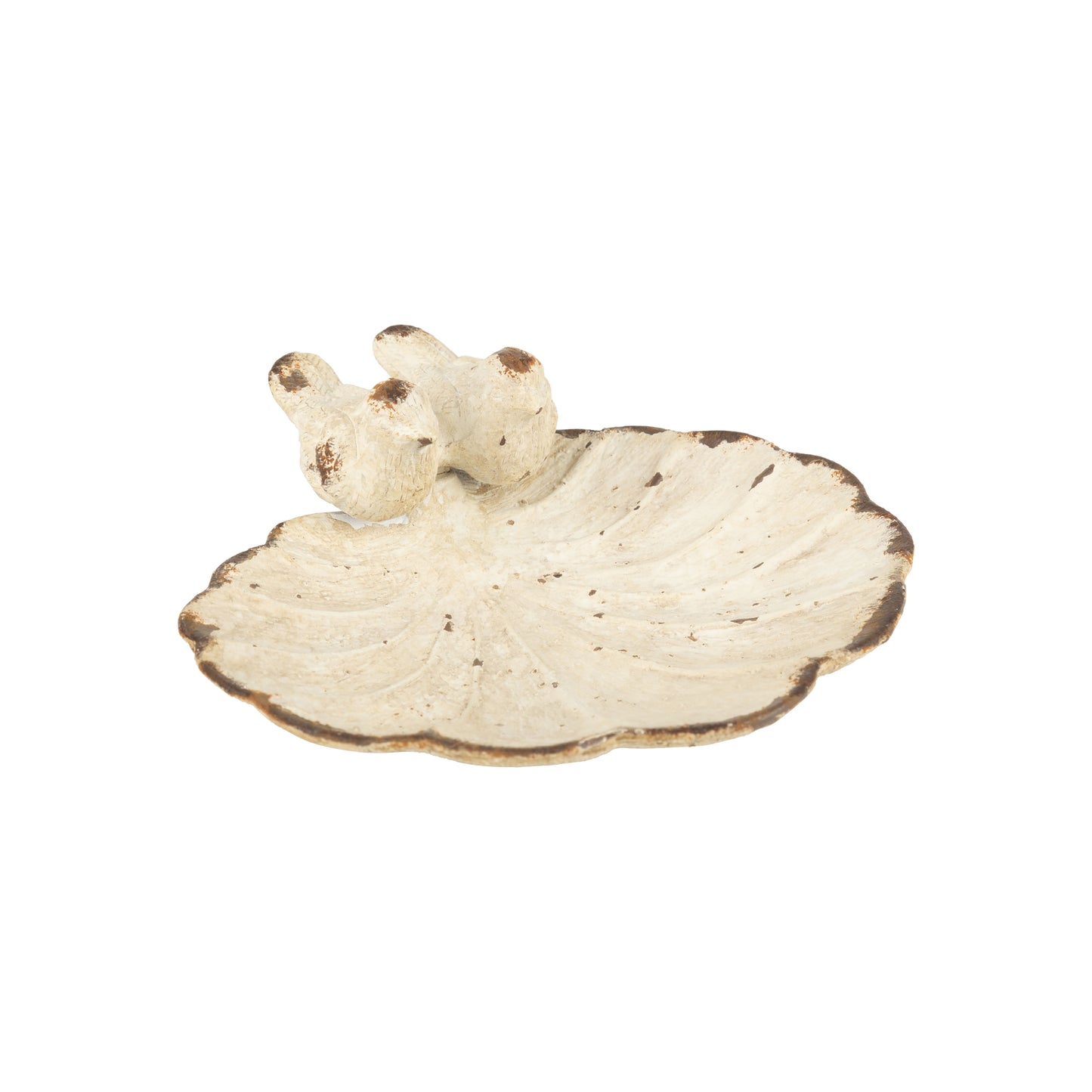 Antique cream cast iron leaf with bird couple trinket dish,  4.3 in