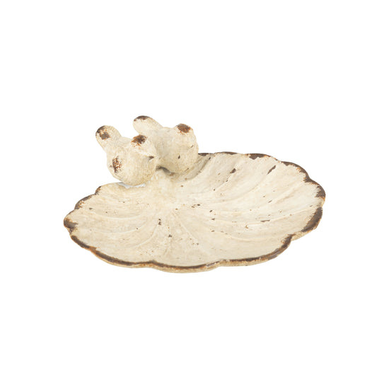 Antique cream cast iron leaf with bird couple trinket dish,  4.3 in