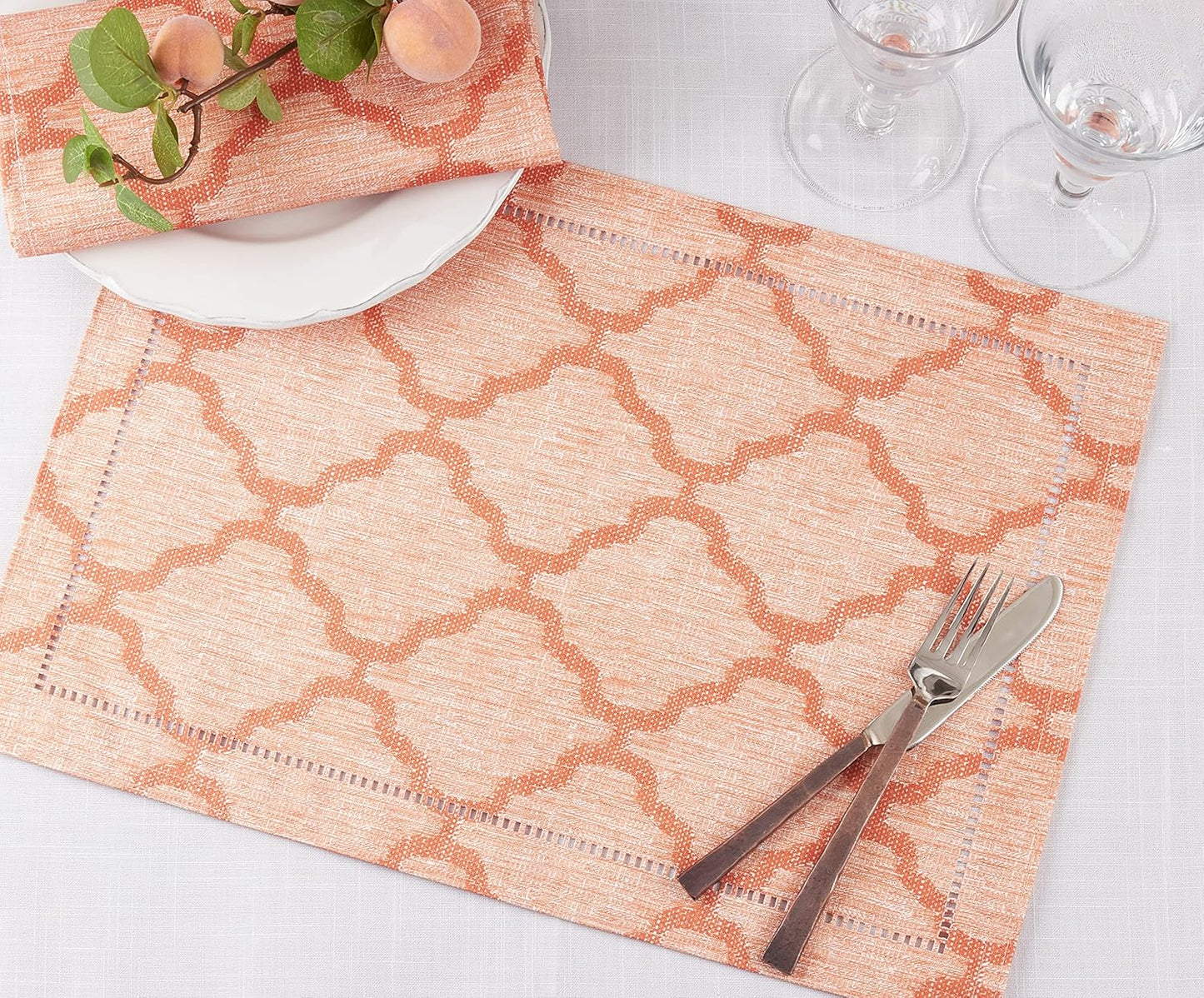 Set/4 Marrakesh Collection Laser-Cut Hemstitch Placemats, 14"x20", Orange