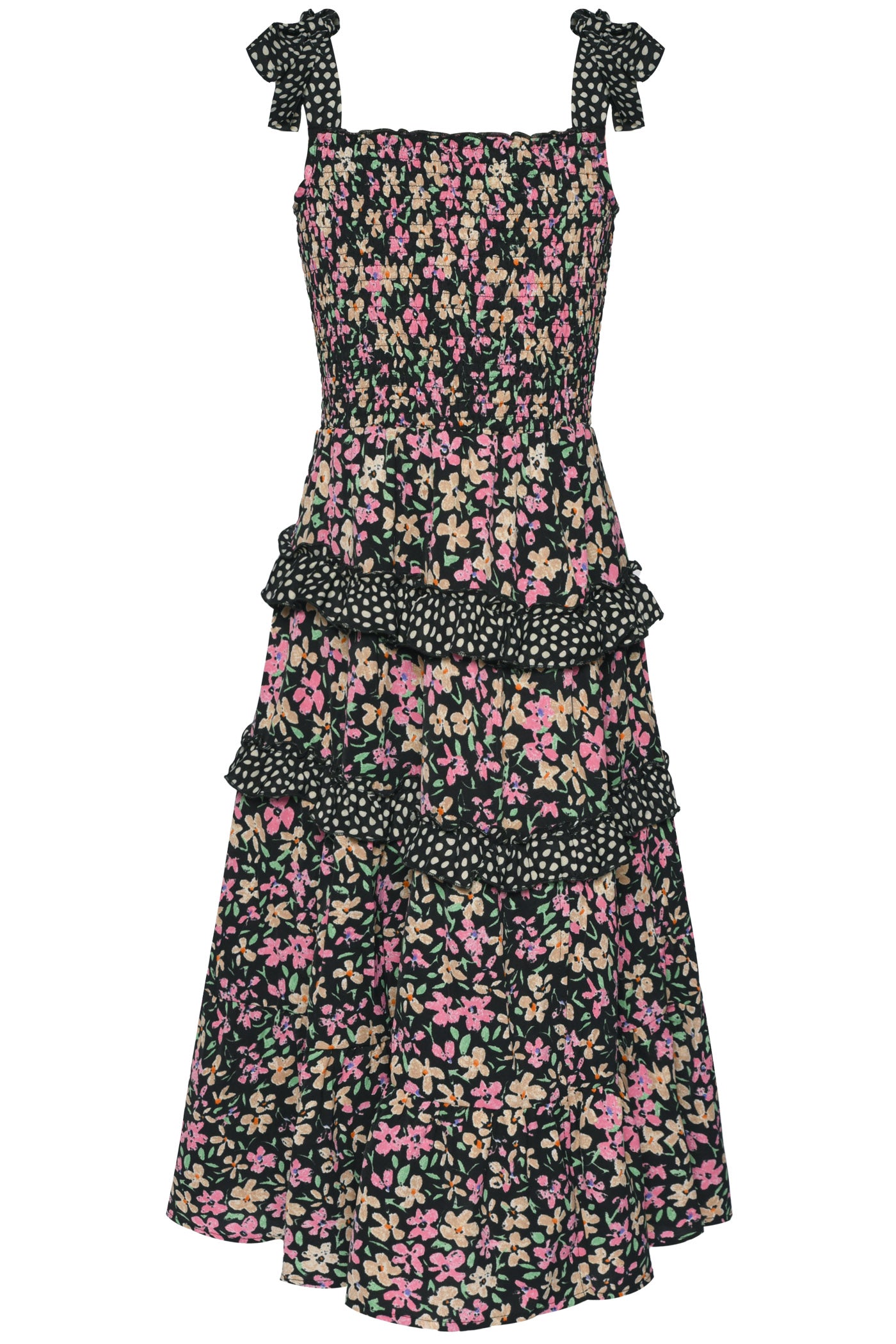 Patio Dress with Tiered Contrast Ruffles & Bow Straps