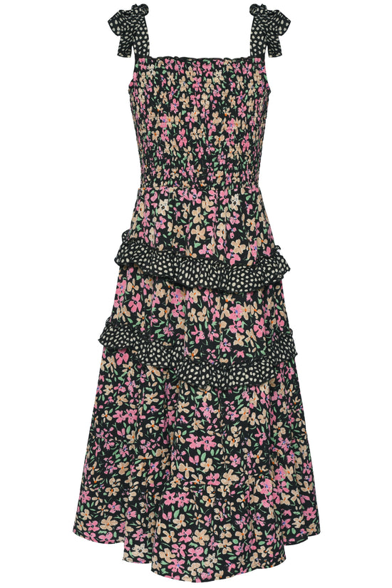 Patio Dress with Tiered Contrast Ruffles & Bow Straps