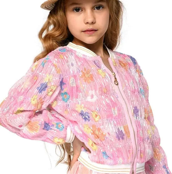 Smocked Floral Printed Sequin Bomber Jacket