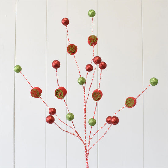 Peppermint Twisted Taffy Glittered Ball Spray 32"- Red/White