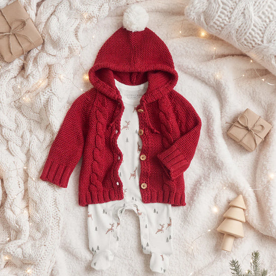 Load image into Gallery viewer, Hooded Cable Cardigan with Pom
