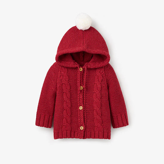 Hooded Cable Cardigan with Pom