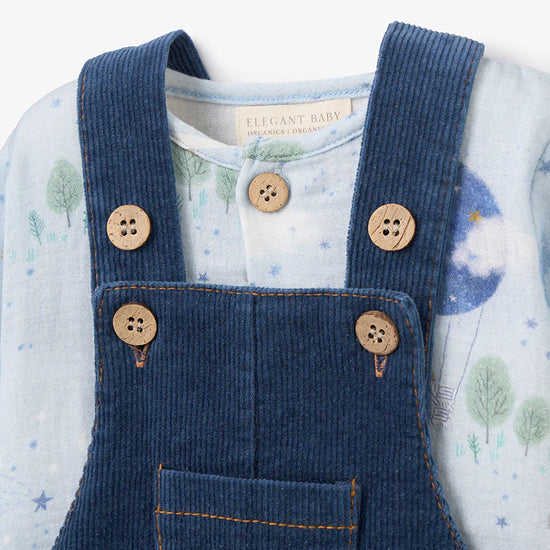 Magical Adventure Muslin Print Top & Corduroy Overalls Set