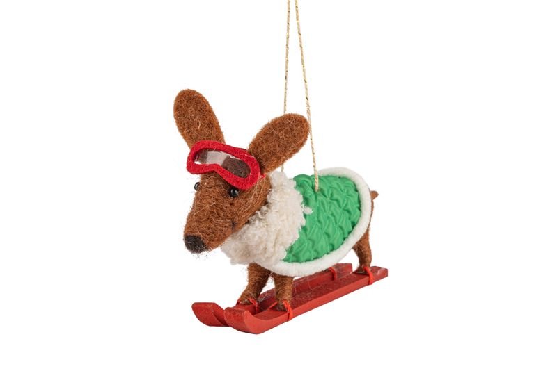 Felt dachshund on skis ornament, green jacket