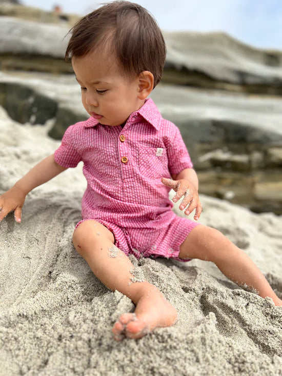 Load image into Gallery viewer, Sandy Red Seersucker Polo Romper
