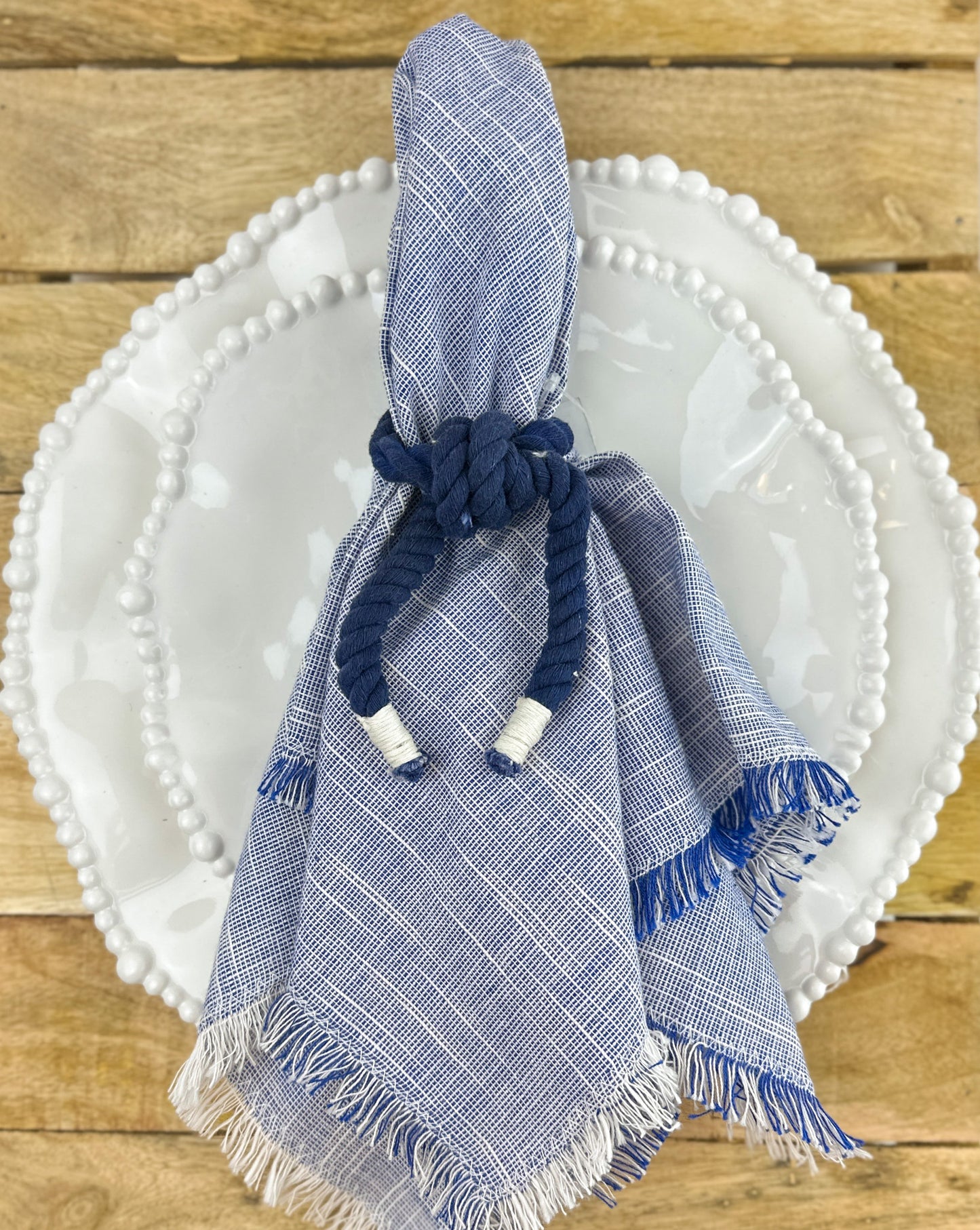 Set/4 Two Tone Fringe Napkin in Blue or Tan